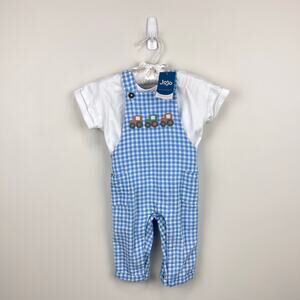 JoJo Maman Bebe Blue Tractor Gingham Dungarees & T-Shirt Set 3-6 Months NWT